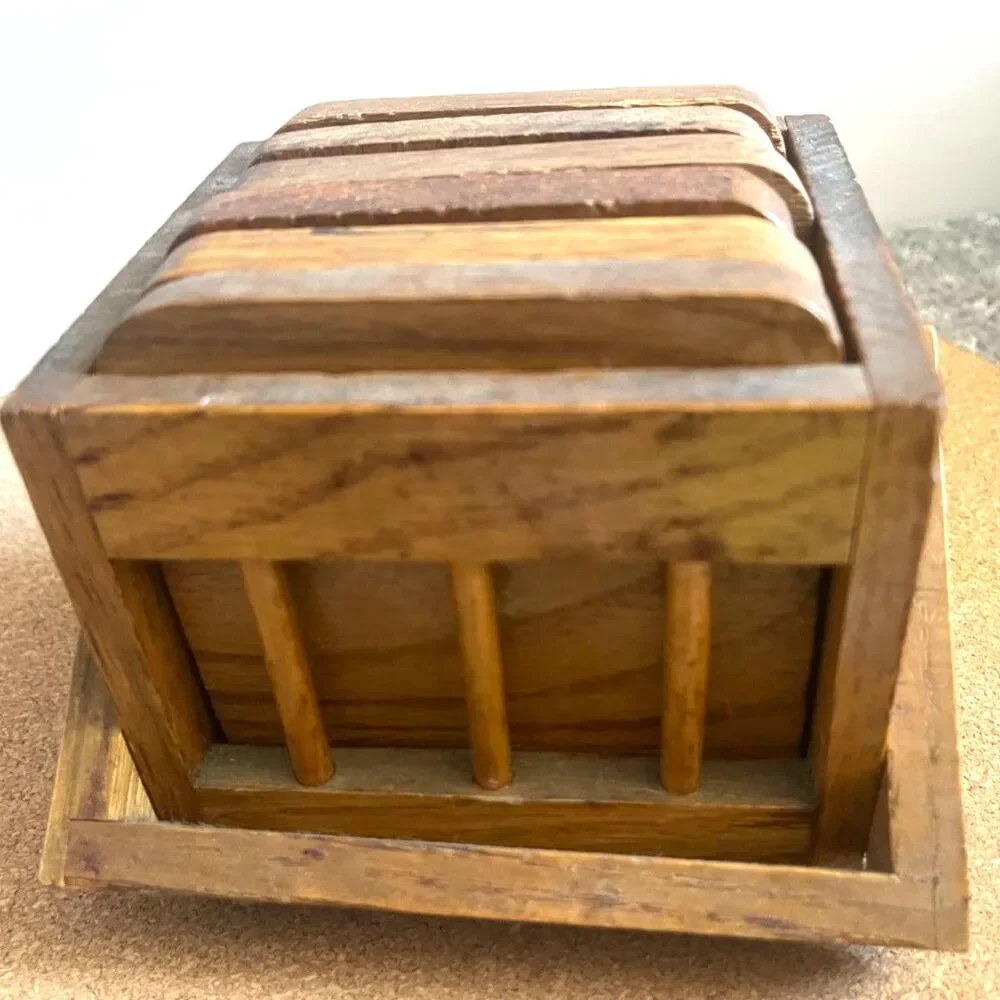 Vintage Wood Coaster w/ Caddy Barware Drink Holder Cork MCM Cabin Rustic Decor